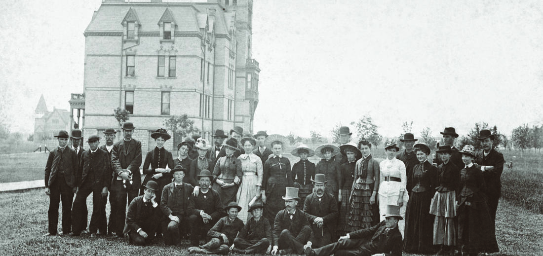 Old Main Building with Hamline students in a historical image