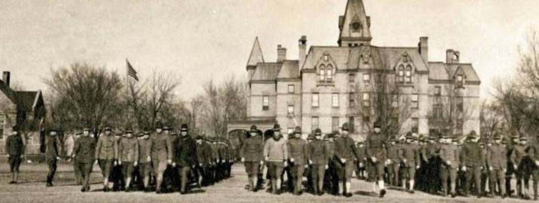 Historical military photo in front of Old Main