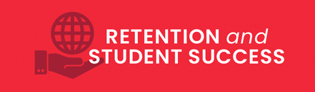 Retention and student text and an icon with a hand holding a globe all that  in a red box