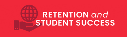 Retention and student text and an icon with a hand holding a globe all that in a red box