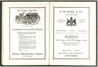 A scan of old book pages with advertisements for a tractor, a jewelry store, and a grocery store