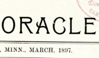A close-up of an old Hamline newspaper. It says "ORACLE MINN., MARCH, 1897"