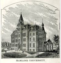 An illustration of Old Main from 1880, labeled "HAMLINE UNIVERSITY" underneath