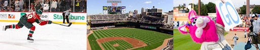 Minnesota Wild player, Target Field Stadium, and Saint Paul Saints mascot put next to each other in one image