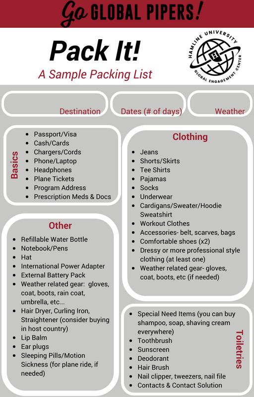 Sample packing list for studying away or abroad
