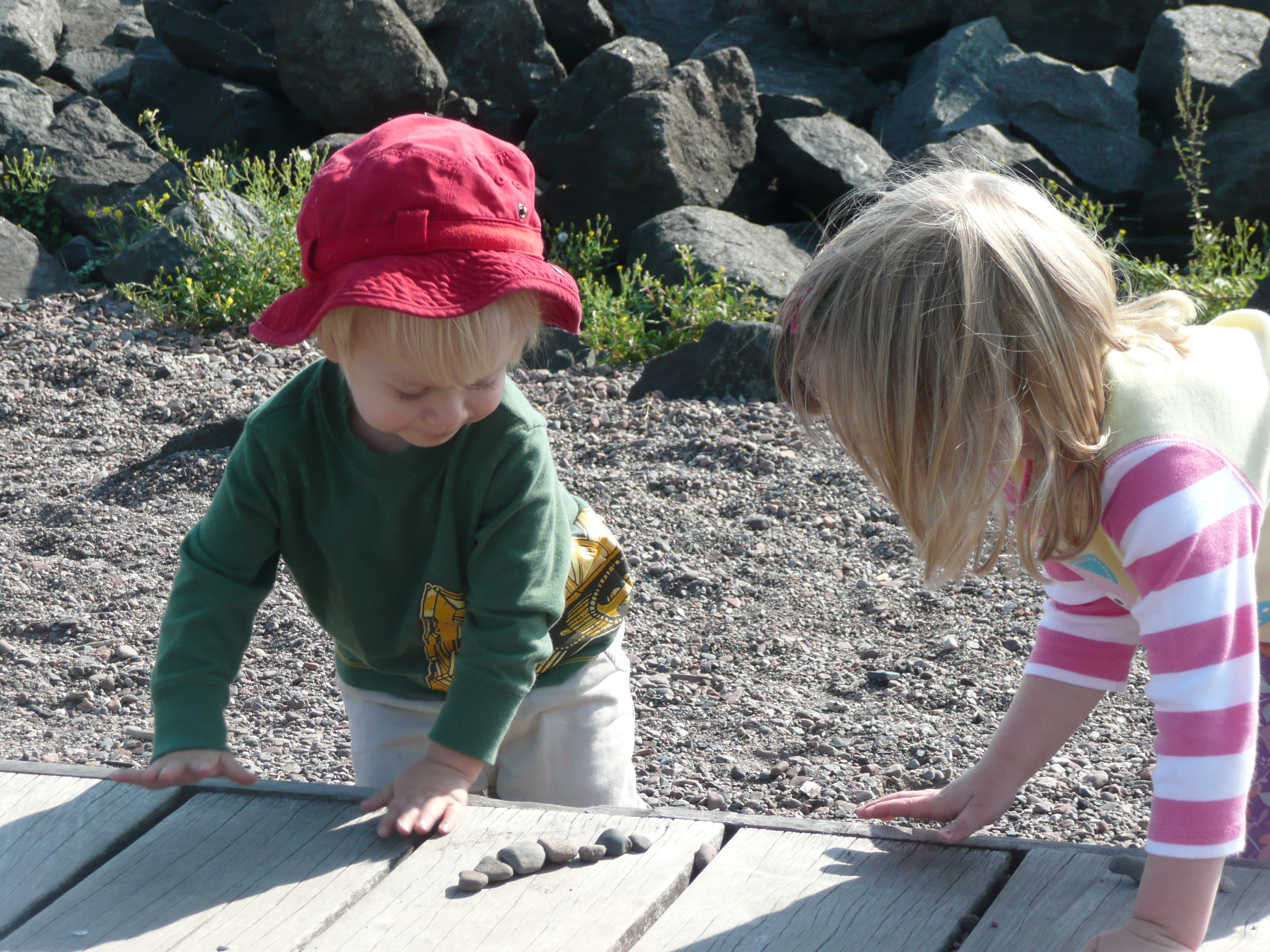 Two young children looking at rocks