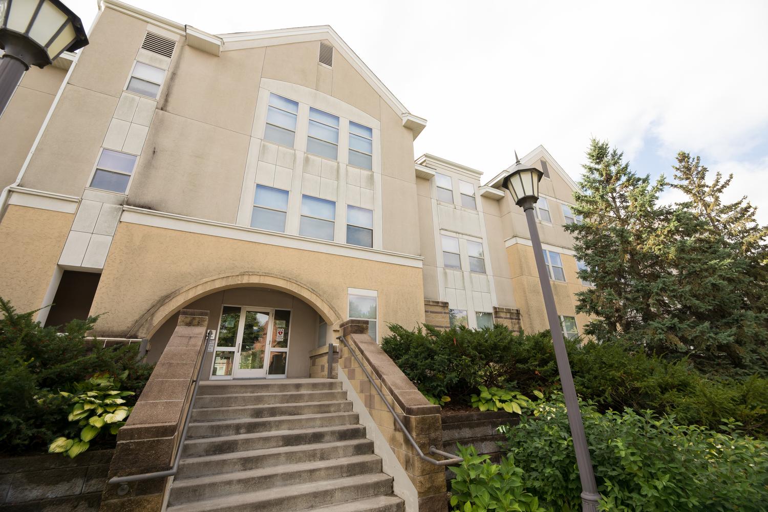 Hamline University Apartments exterior in spring, residence