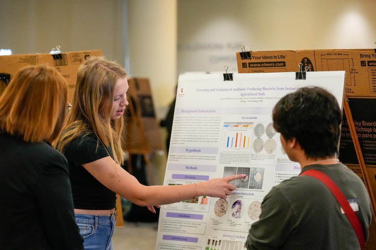 A student explains their research poster at the Showcase for Student Research and Creative Inquiry