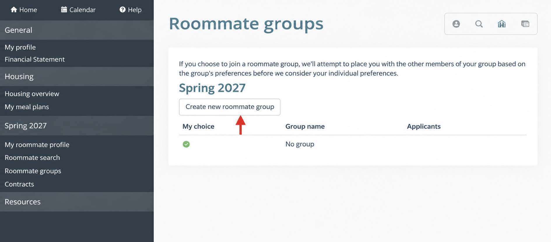The Roommate Groups screen with an arrow pointed towards the Create Roommate Group button