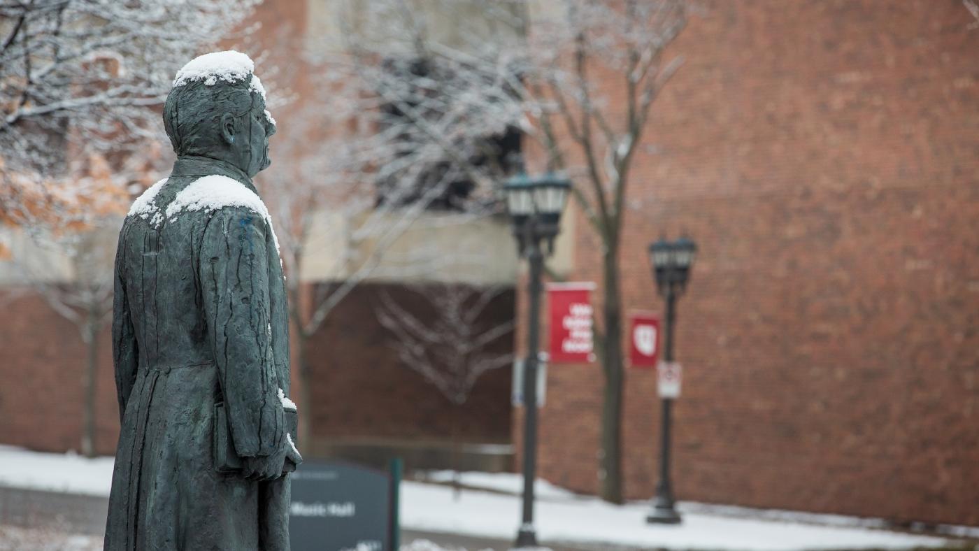 Bishop Hamline Statue Covered in Snow