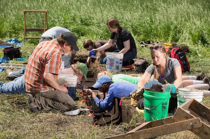 A professor and students dig into the ground to search for artifacts