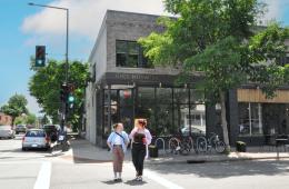 Hamline students in front of Groundswell Coffee in Hamline-Midway neighborhood