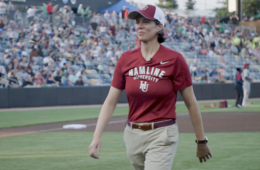 Hamline President Mayme Hostetter after throwing first pitch at the Saint Paul Saints