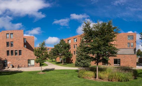 The Hamline Heights residence halls, a group of three buildings on campus, seen from afar