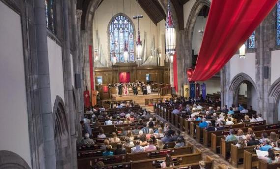 The inside of the Hamline Church during a service