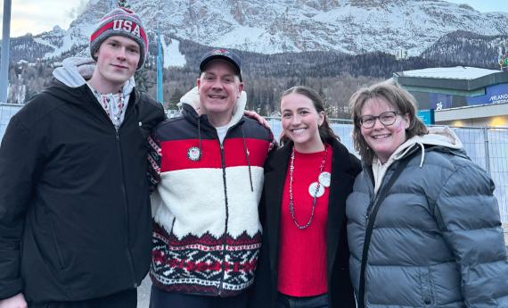 Alumnus Rich Ruohonen '93 with family at 2026 Olympic Games
