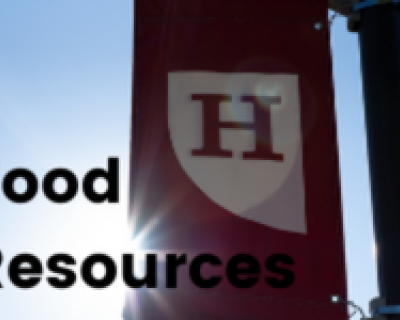 Picture of a Hamline banner with the words food resources overlaying it