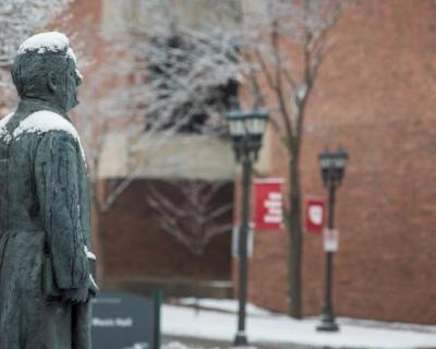 Bishop Hamline Statue Covered in Snow
