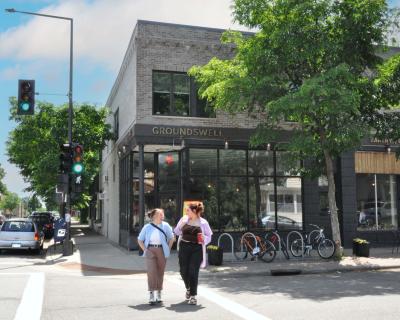 Hamline students in front of Groundswell Coffee in Hamline-Midway neighborhood