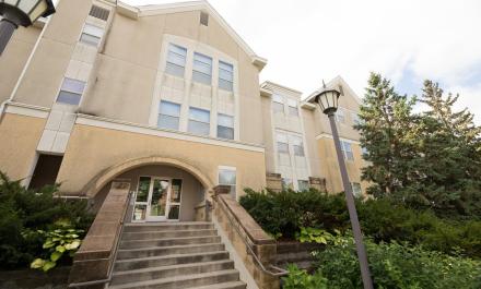 Hamline University Apartments exterior in spring, residence