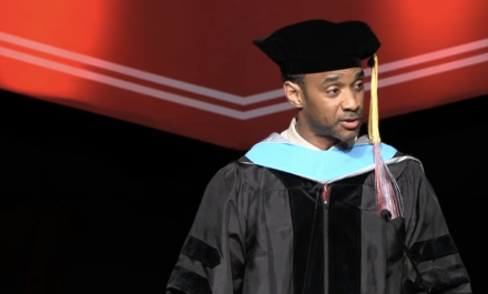 Anthony Bass speaking at Hamline's Graduate Commencement Ceremony