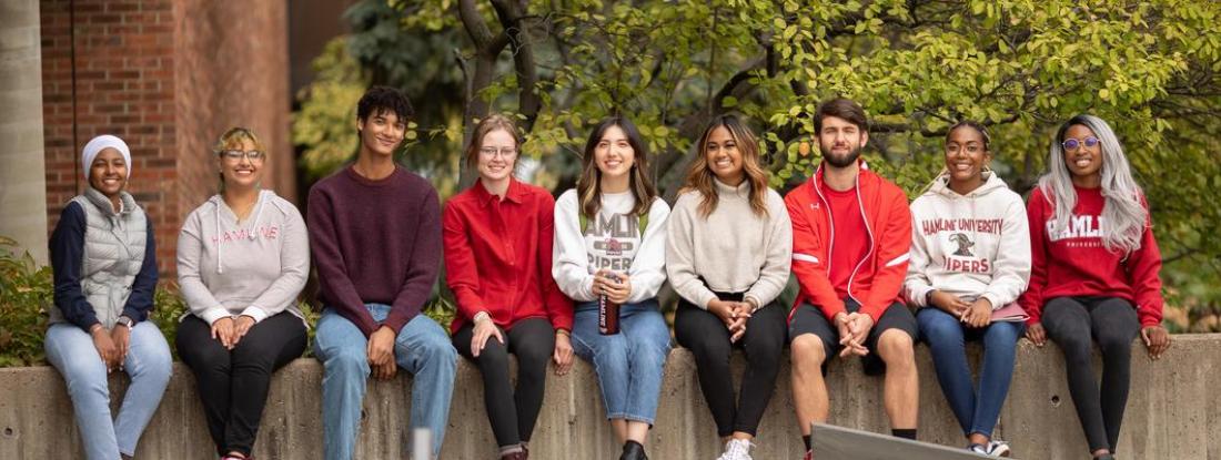A group of Hamline Students sitting on a wall