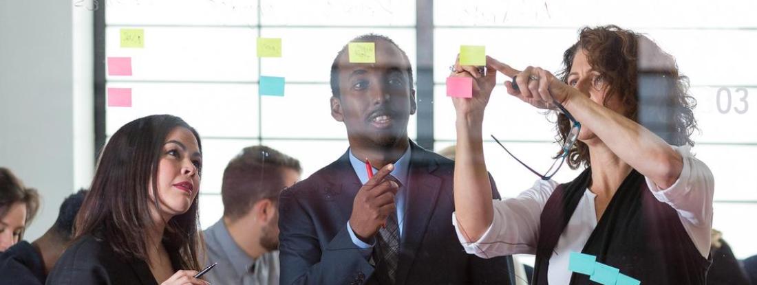 Hamline business graduate students looking at sticky notes on a glass wall
