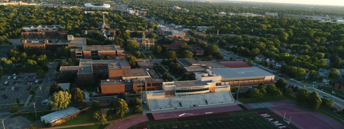 an aerial view of Hamline University and the surrounding neighborhood in St. Paul