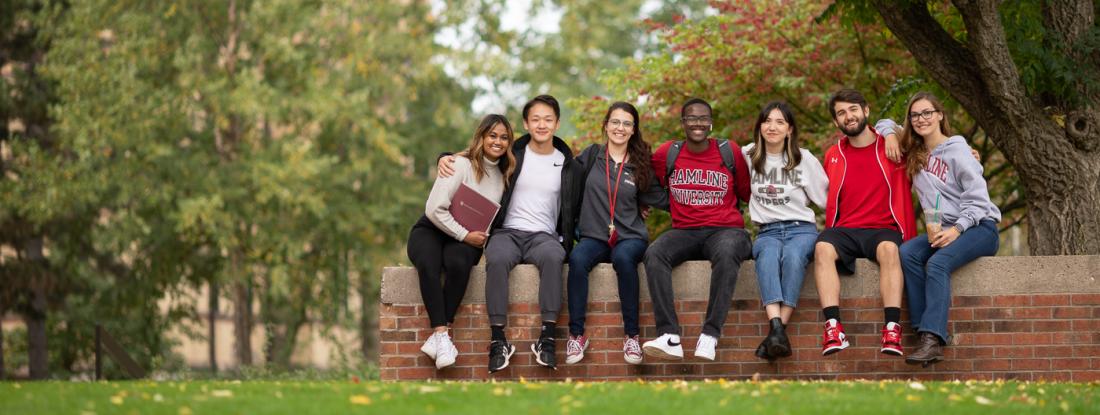 Seven Hamline students sitting on a short wall outside on campus smiling at the camera