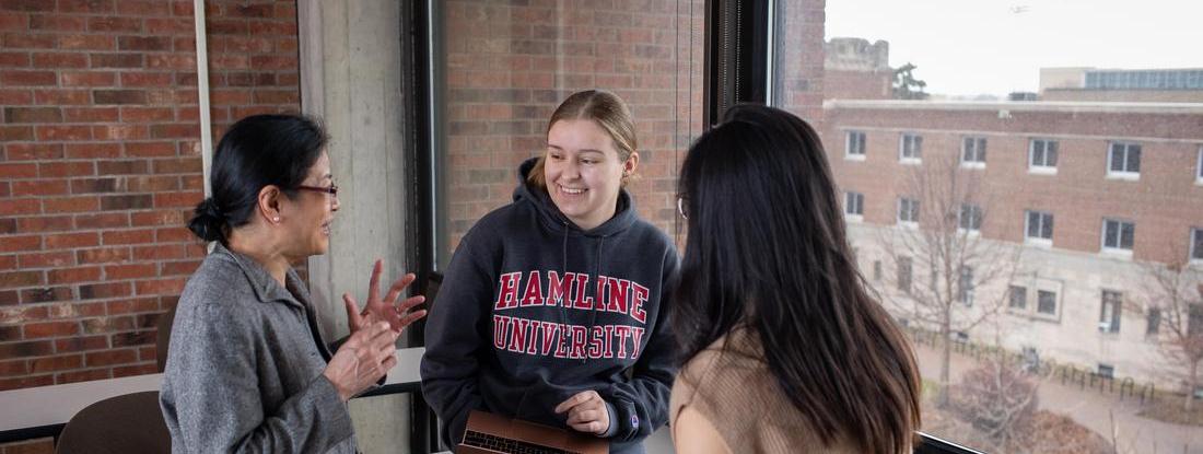 Hamline students and professors talking on Hamline Bush Library