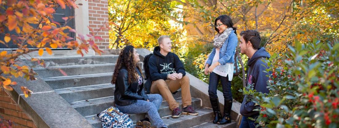 Four Hamline students gathered on an outdoor staircase on campus in the fall