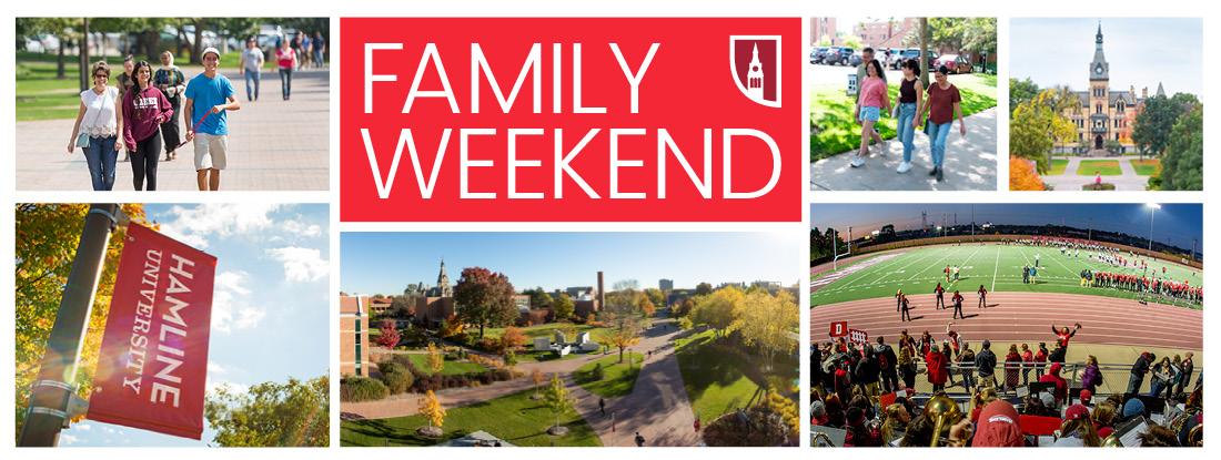 Family weekend banner with photos of campus