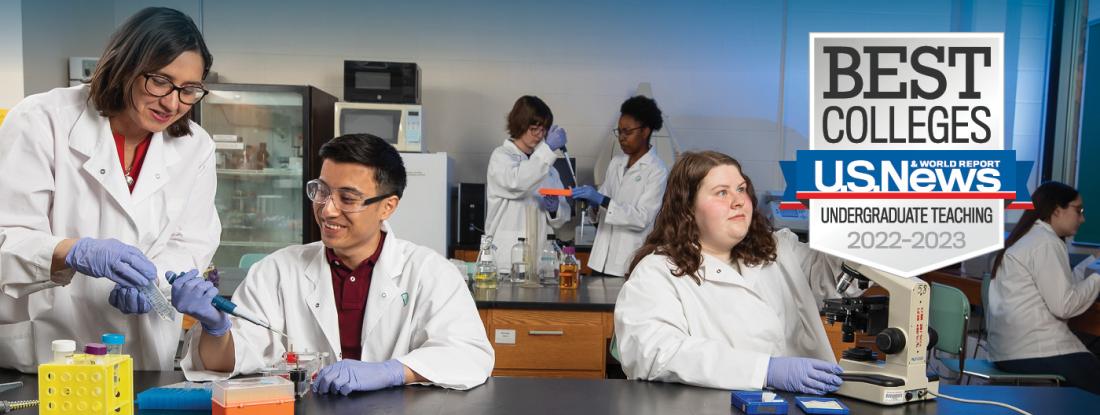Students in a science lab with professors; US News and World Report best colleges badge