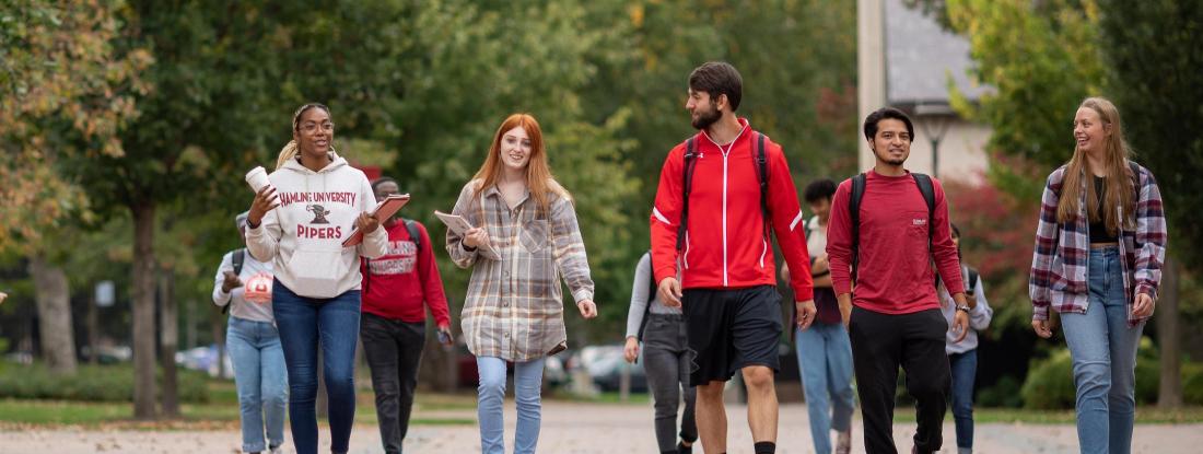 Group of Hamline students walking on campus