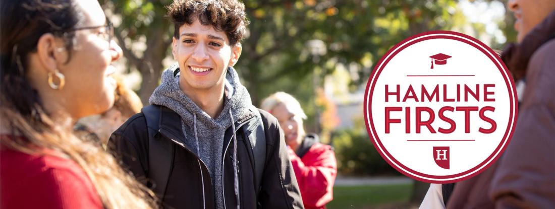 Group of Hamline students with Hamline Firsts logo overlayed