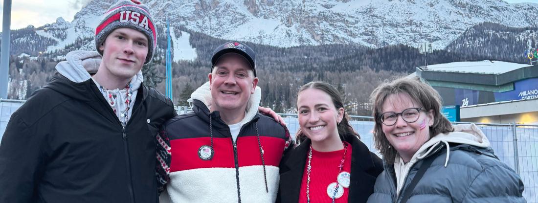 Alumnus Rich Ruohonen '93 with family at 2026 Olympic Games
