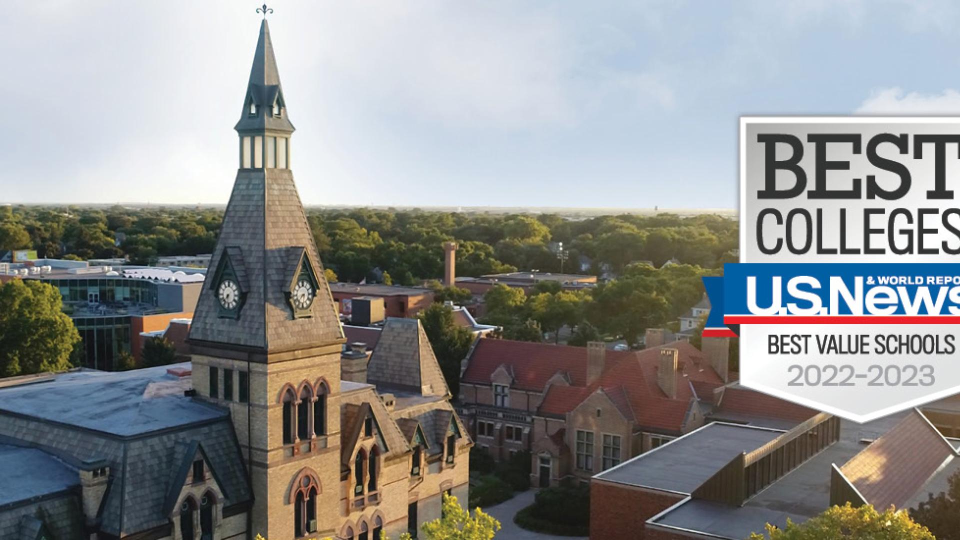 Aerial view of Old Main on campus; US News and World Report best colleges badge