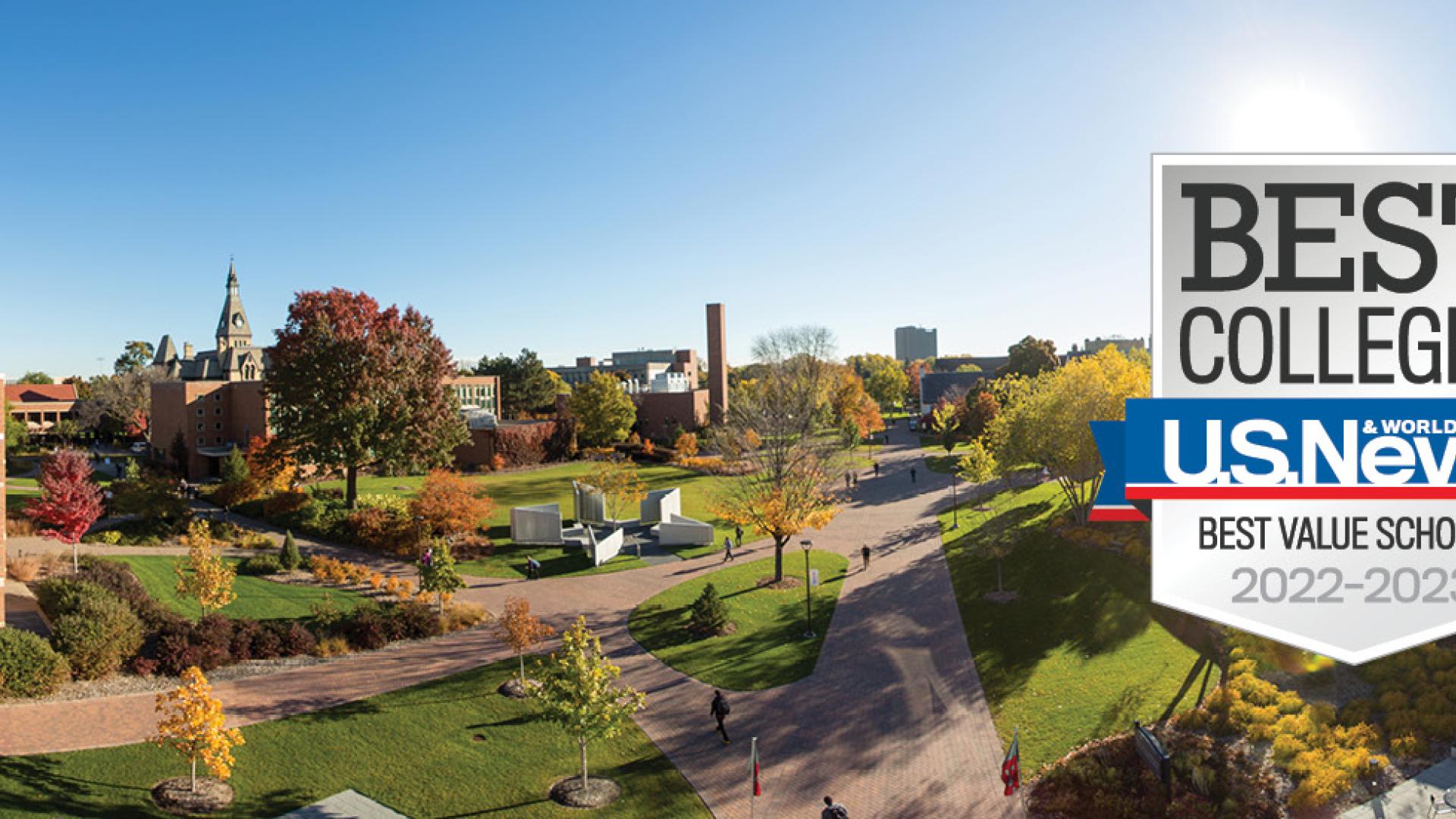 Aerial view of Hamline campus US News and World Report Best Colleges Badge