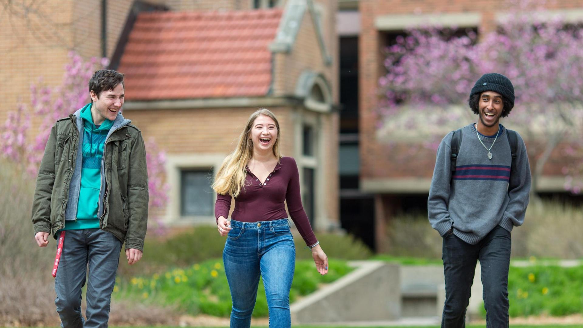 three students walking on Hamline University campus in spring, with flowering trees