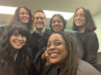 MFAC faculty Erin Entrada Kelly, Ari Tison, Brandy Colbert, Eliot Schrefer, Laurel Snyder, Lilliam Rivera on MFAC graduation day